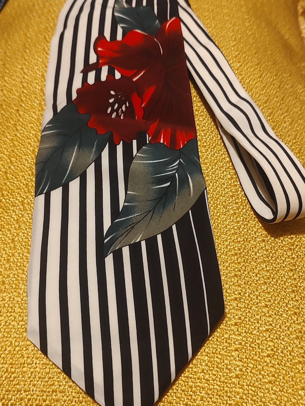 Bachrach Black & White Striped Tie with Red Floral Print